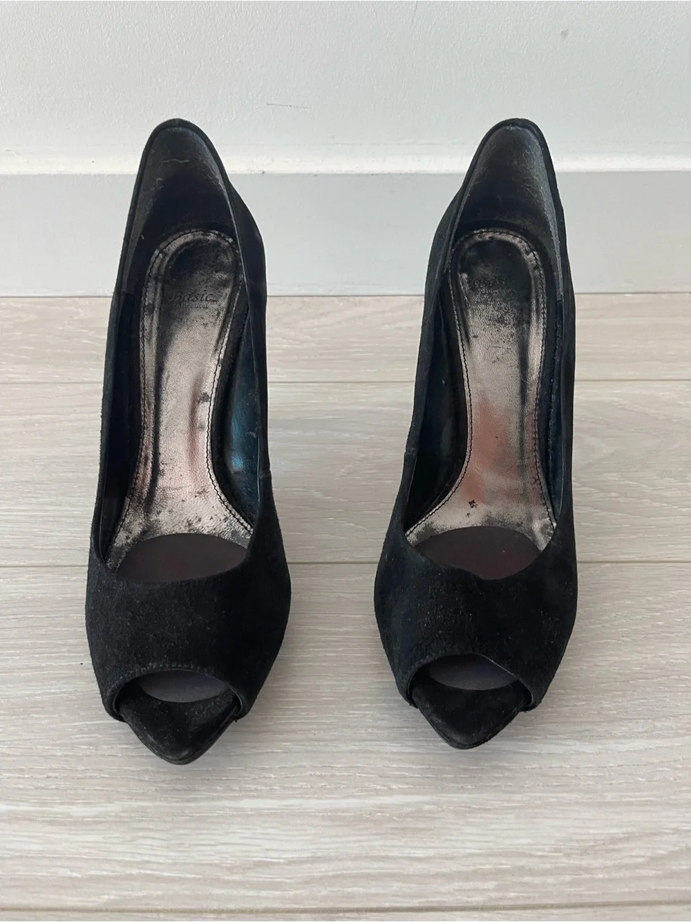 Zara Black Genuine Suede Peep-Toe Heels with Chrome Heel Band Size 40